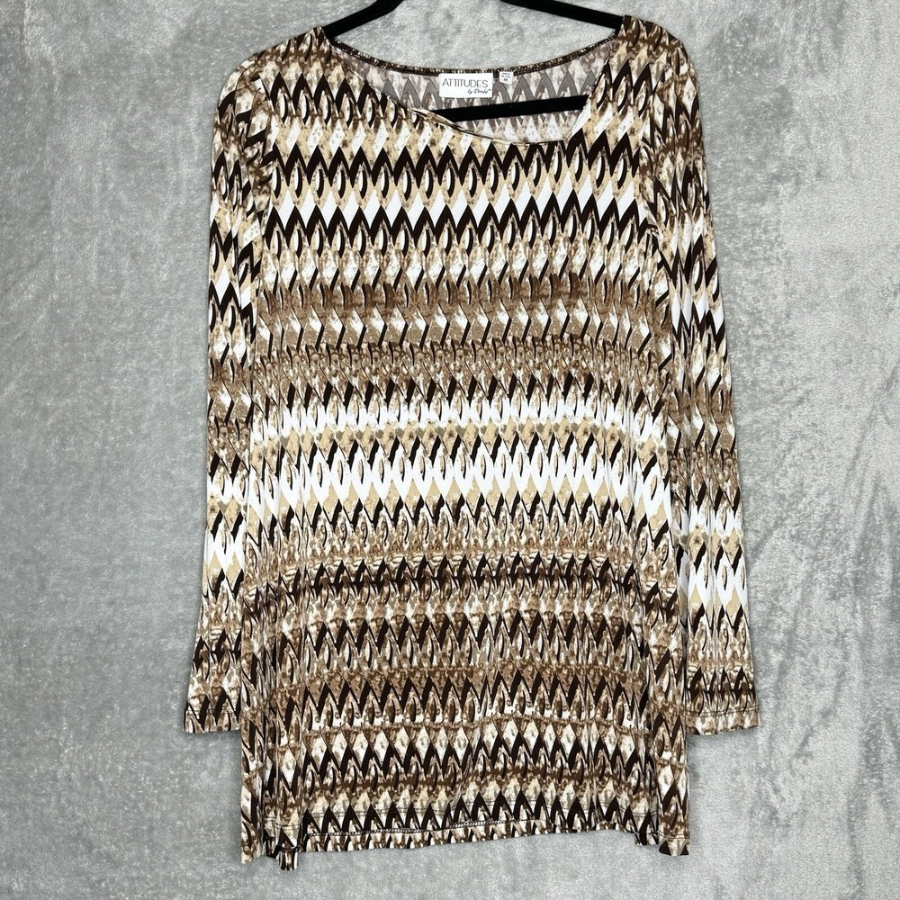Attitudes By Renee Medium Shirt Top Brown Abstract Long Sleeve Asymmetrical Neck